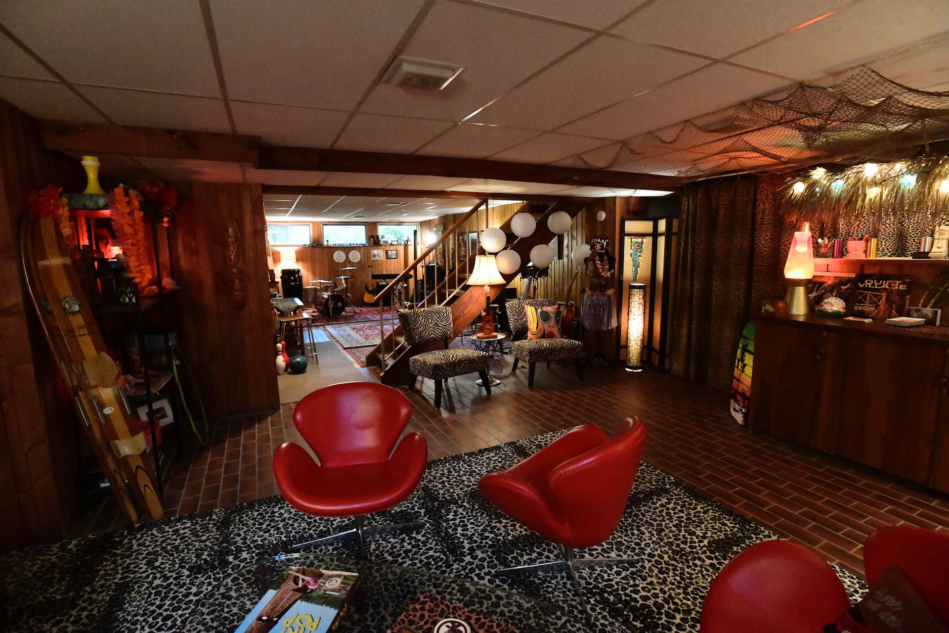 Looking from the tiki lounge to the music room